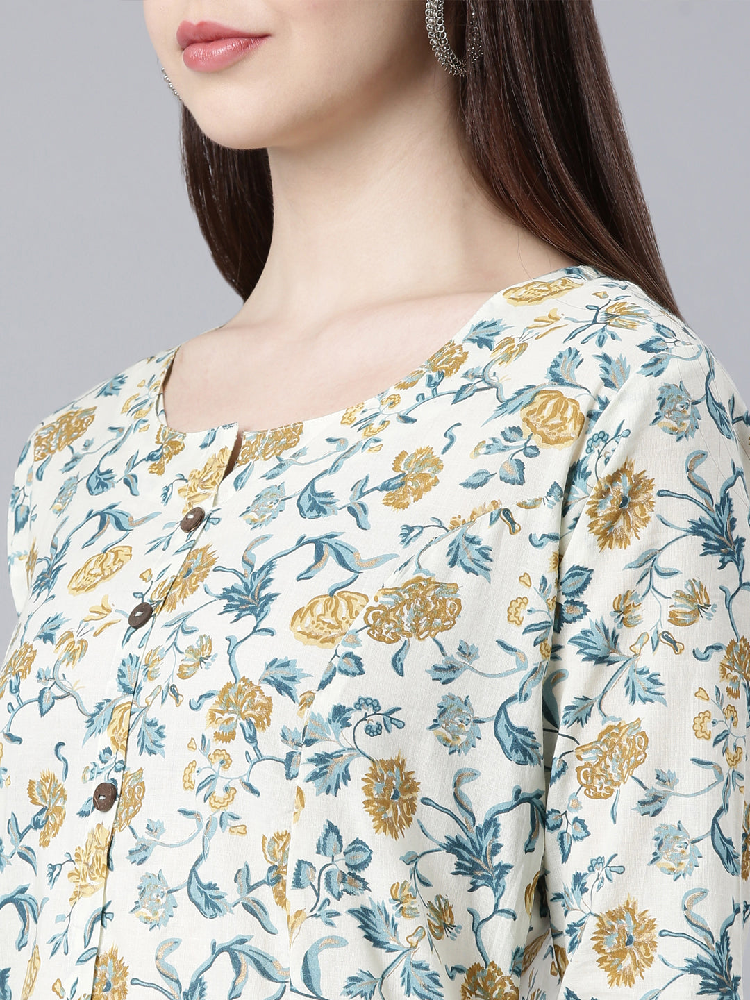 Neerus Yellow floral printed straight kurta - detail view 2