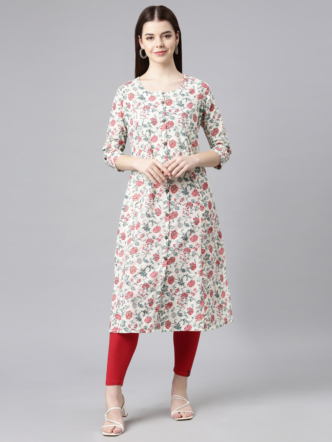 Neerus Red cotton printed straight kurta - front view