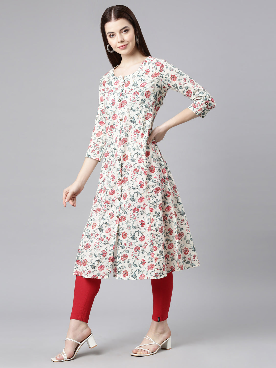 Neerus Red cotton printed straight kurta - back view