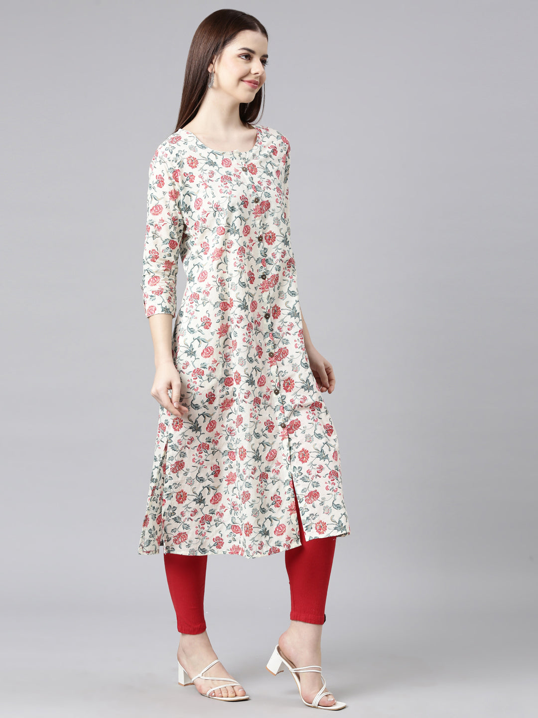 Neerus Red cotton printed straight kurta - side view