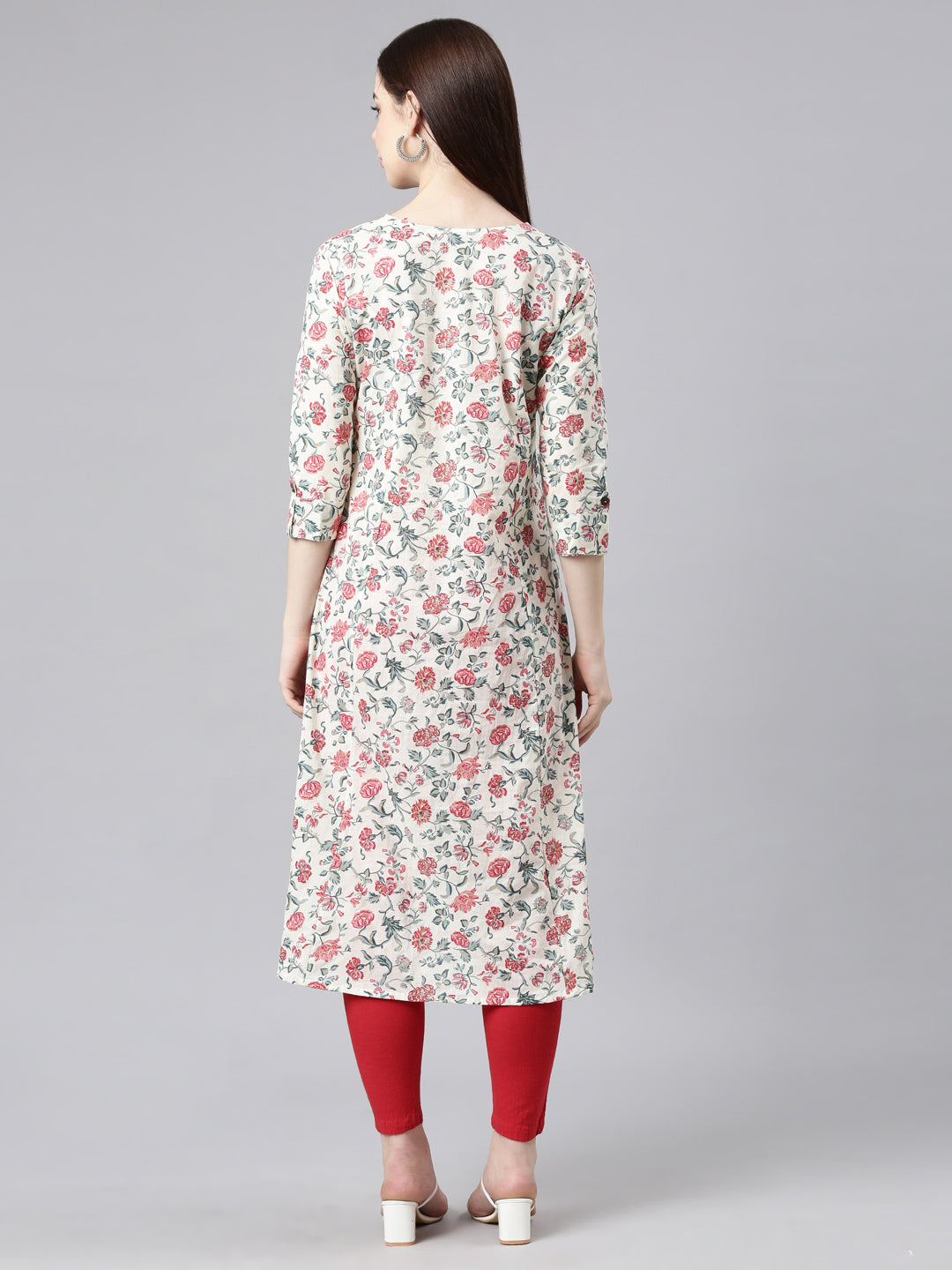 Neerus Red cotton printed straight kurta - detail view 1
