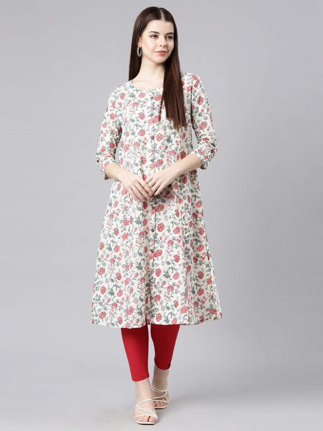 Neerus Red cotton printed straight kurta - detail view 5