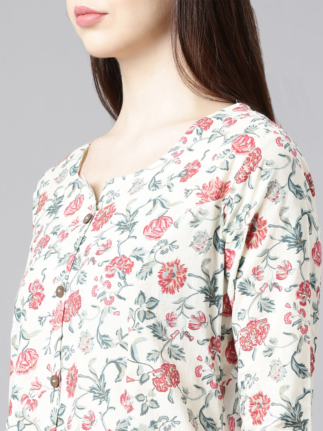 Neerus Red cotton printed straight kurta - detail view 2