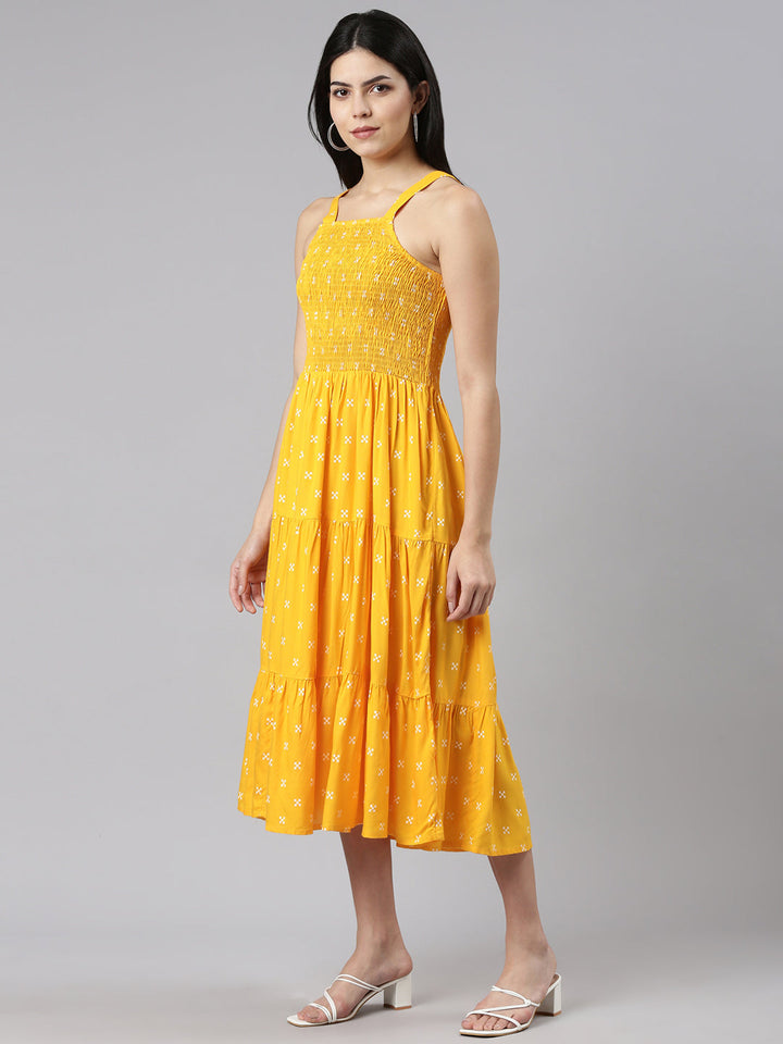 Neerus Mustard Straight Casual Floral Dresses