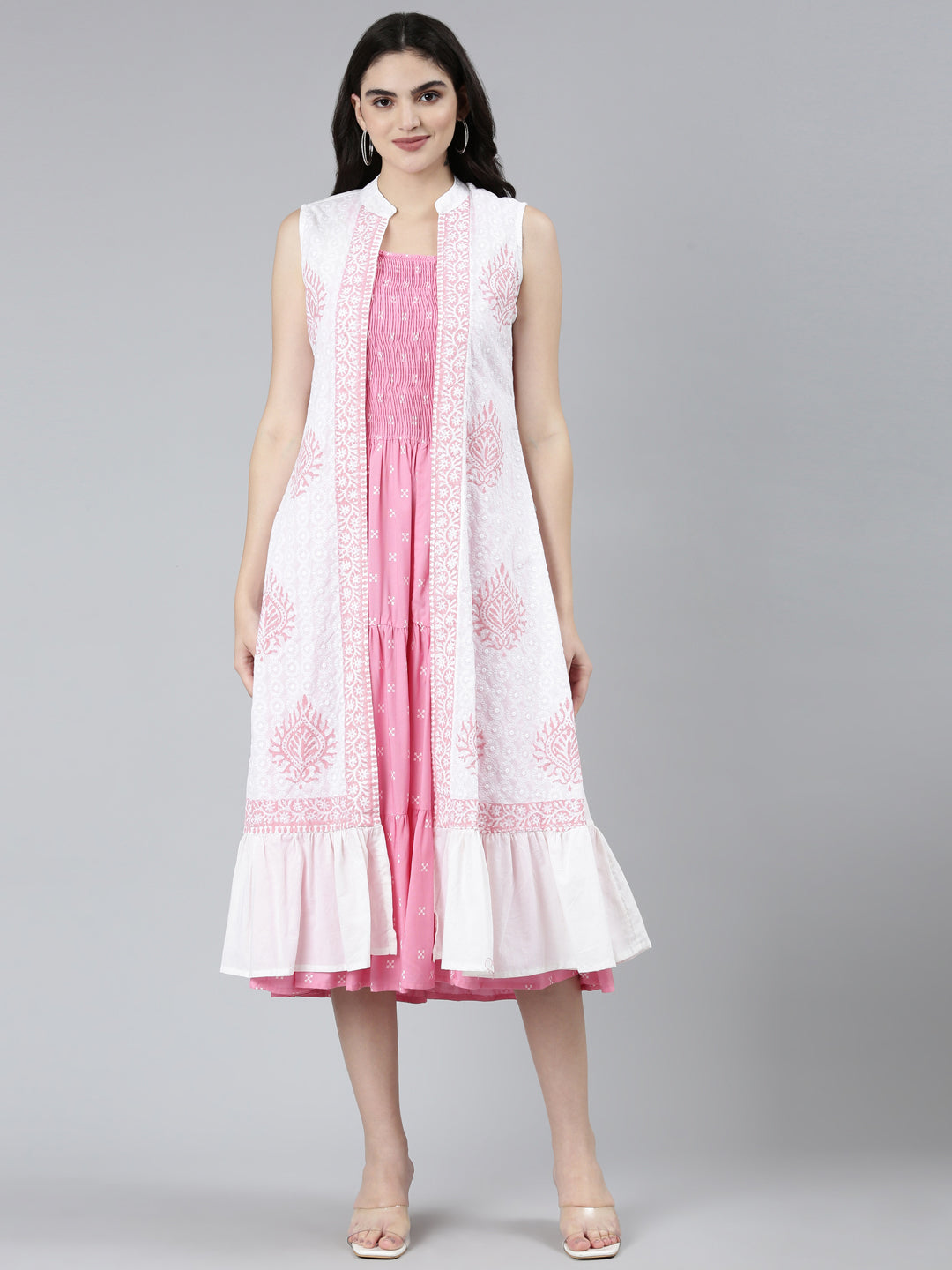 Neerus Pink floral printed straight dress - front view