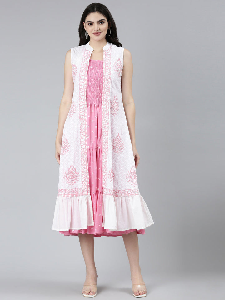 Neerus Pink floral printed straight dress - front view