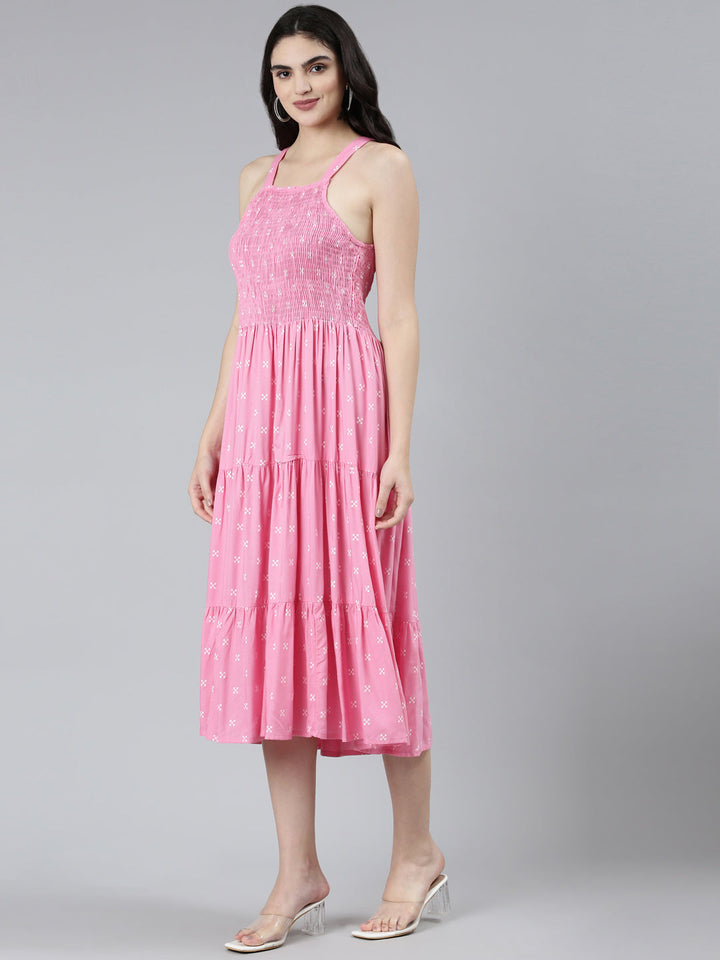 Neerus Pink floral printed straight dress - back view
