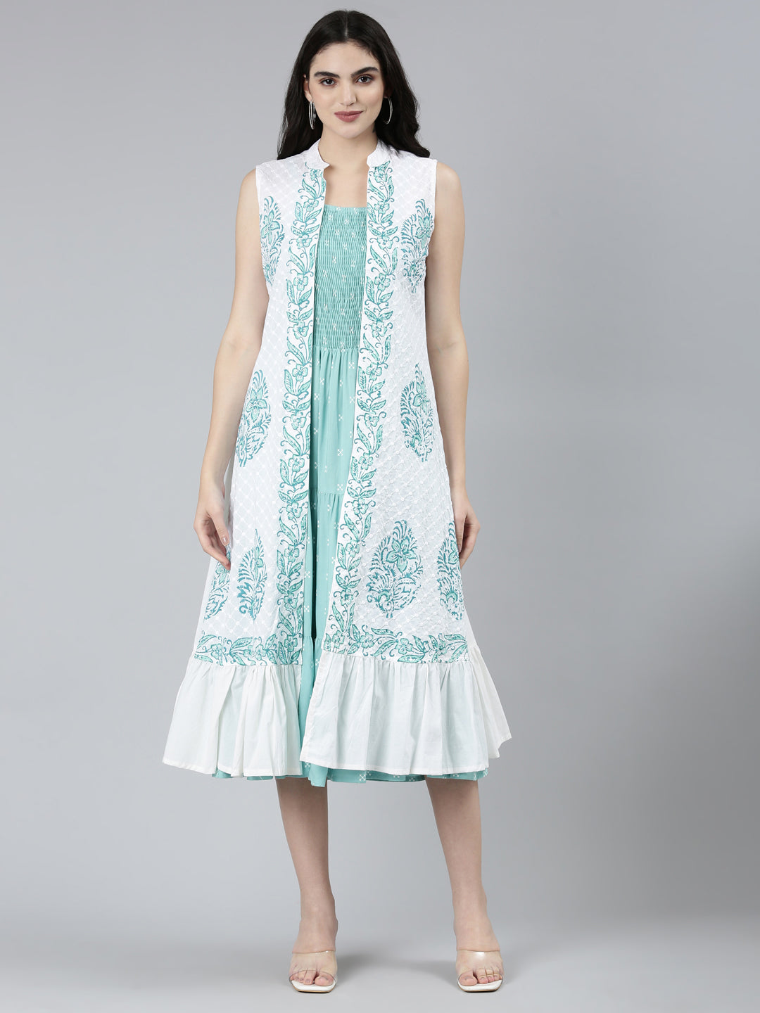 Neerus Green printed floral straight dress - front view