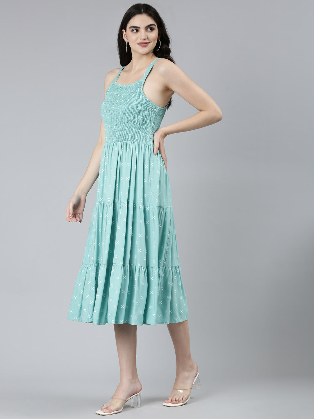 Neerus Green printed floral straight dress - back view