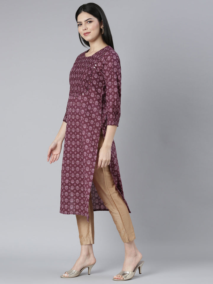 Neerus Purple floral printed straight kurti - back view