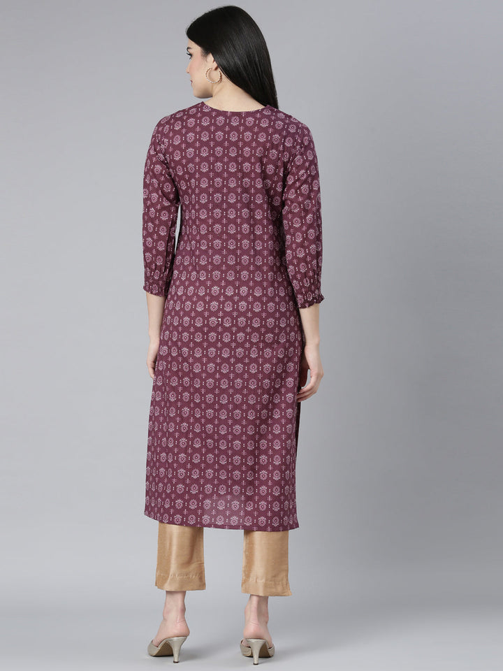 Neerus Purple floral printed straight kurti - side view