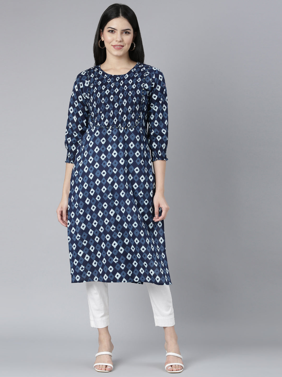 Neerus Blue cotton Bandhani printed straight kurti - front view