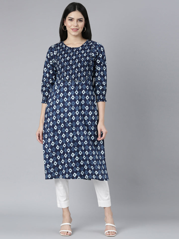 Neerus Blue cotton Bandhani printed straight kurti - front view