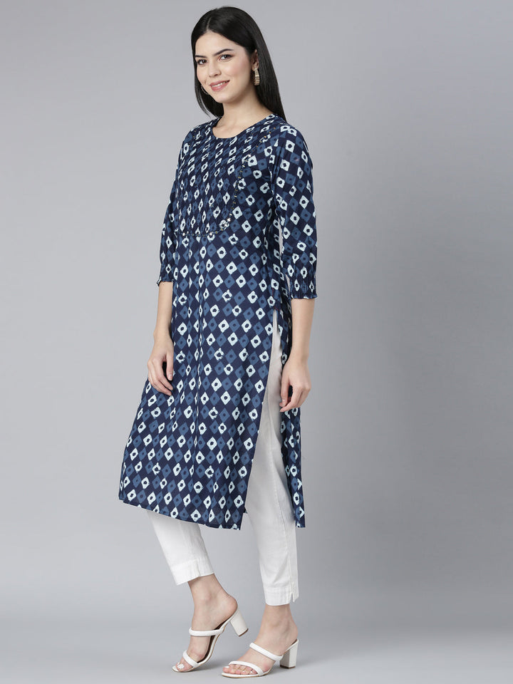 Neerus Blue cotton Bandhani printed straight kurti - back view
