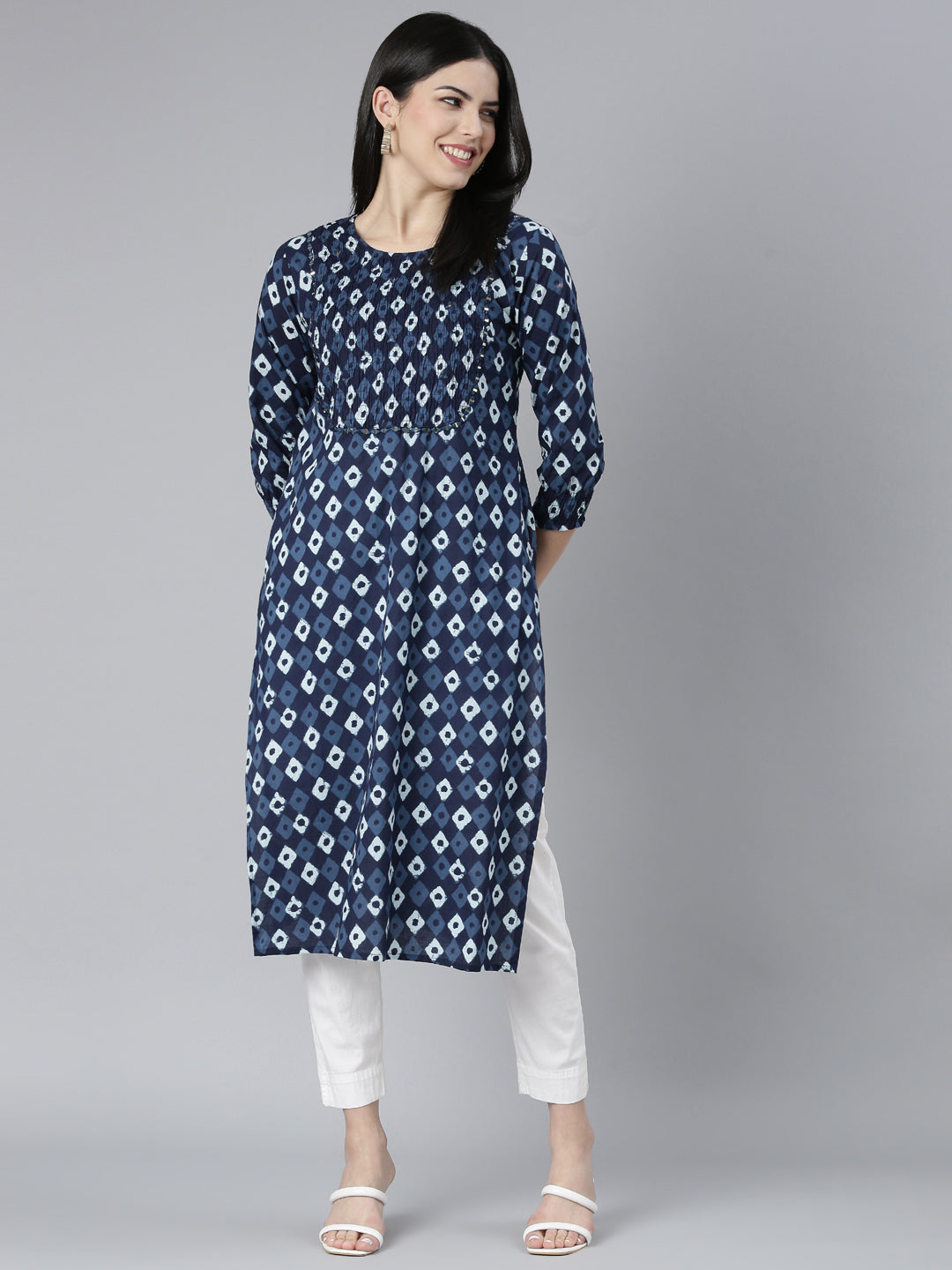 Neerus Blue cotton Bandhani printed straight kurti - detail view 2