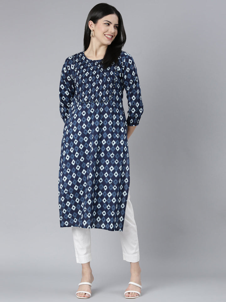 Neerus Blue cotton Bandhani printed straight kurti - detail view 2