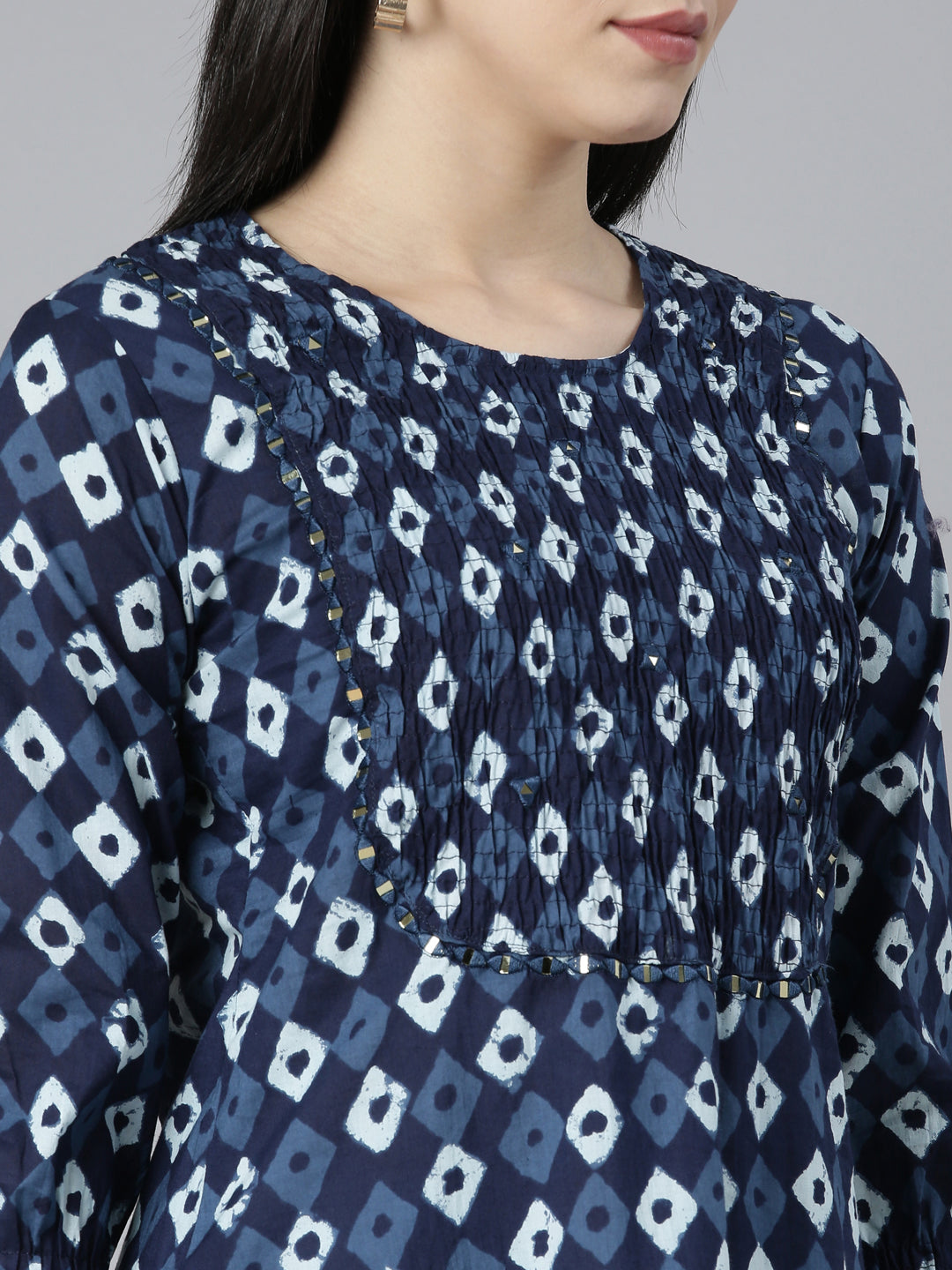 Neerus Blue cotton Bandhani printed straight kurti - detail view 1