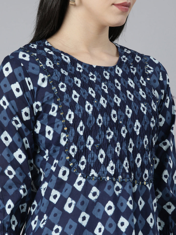 Neerus Blue cotton Bandhani printed straight kurti - detail view 1