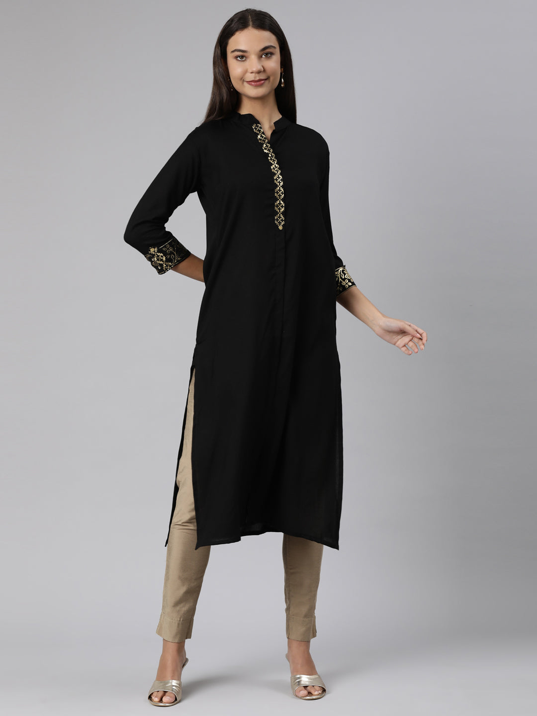 Neerus Black solid straight kurti - front view