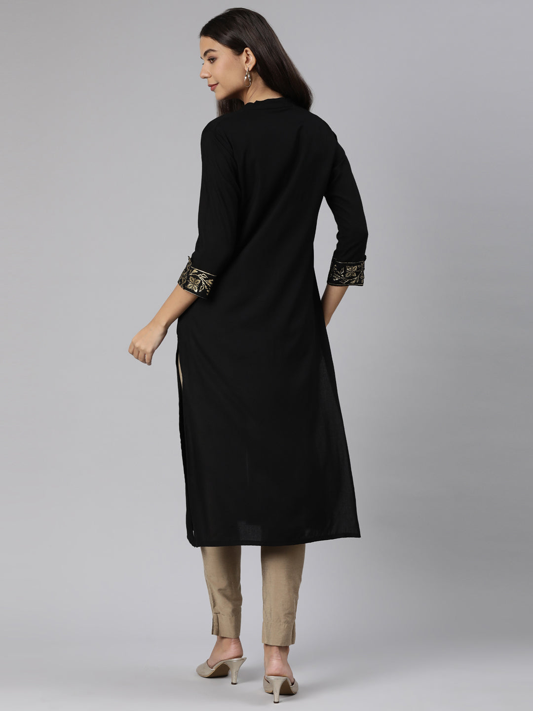 Neerus Black solid straight kurti - side view