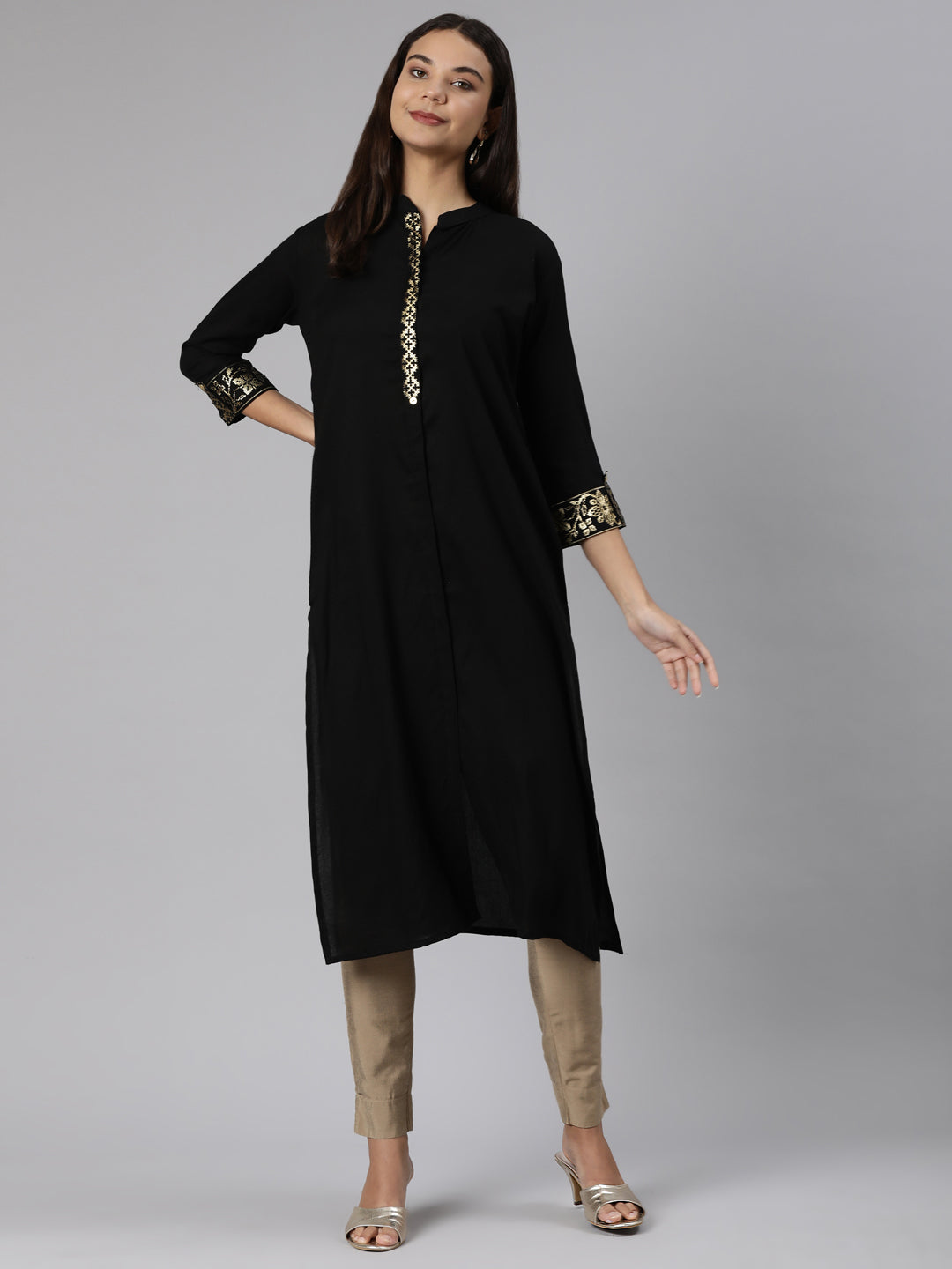 Neerus Black solid straight kurti - detail view 2