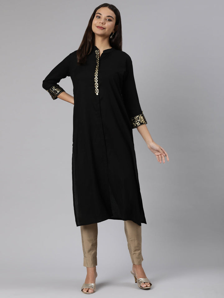 Neerus Black solid straight kurti - detail view 2
