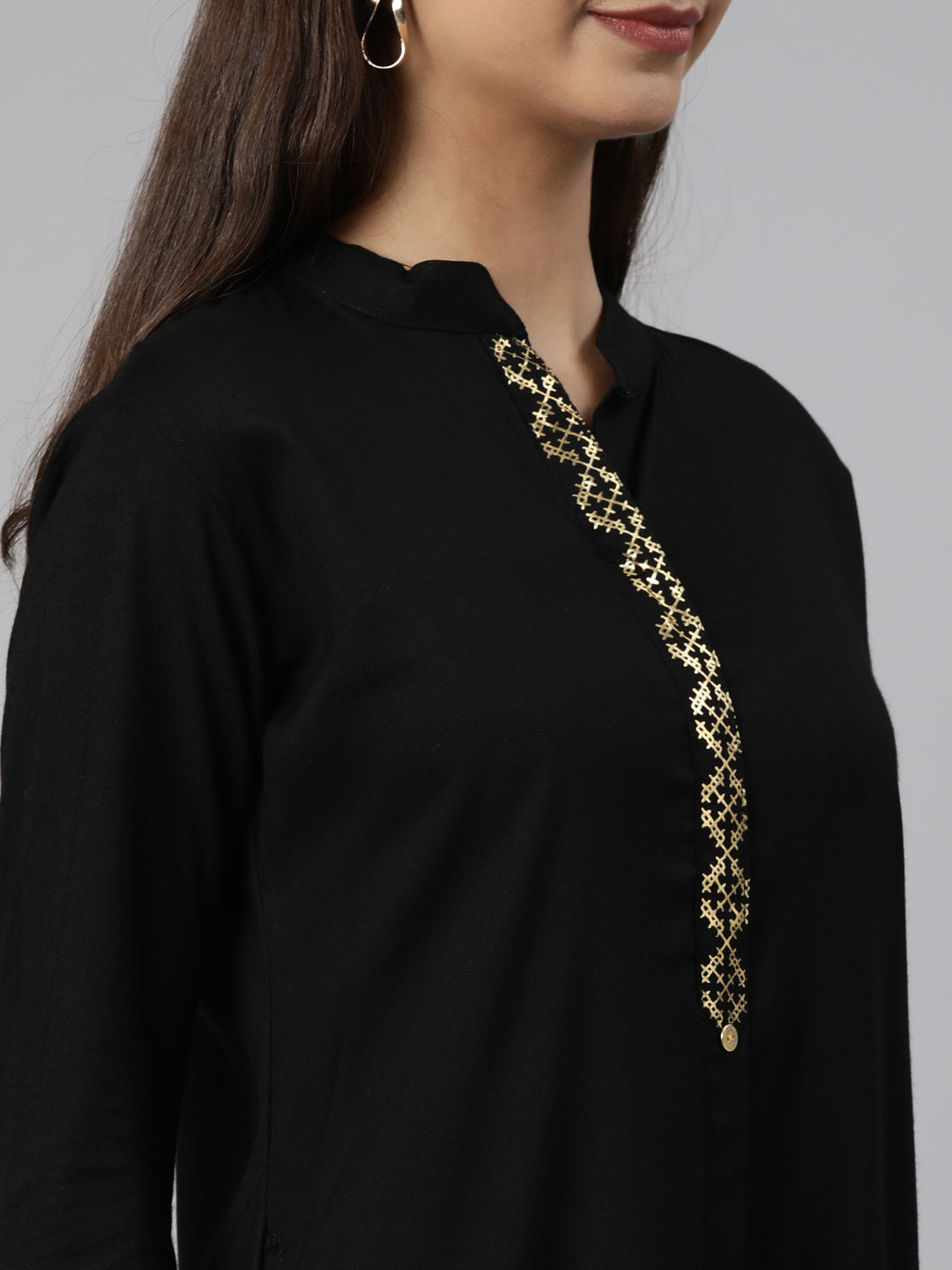 Neerus Black solid straight kurti - detail view 1