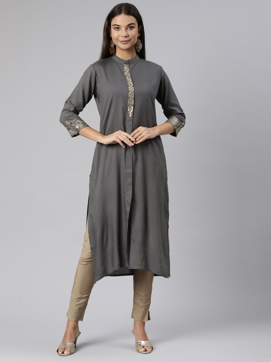 Neerus Grey solid straight kurti - front view