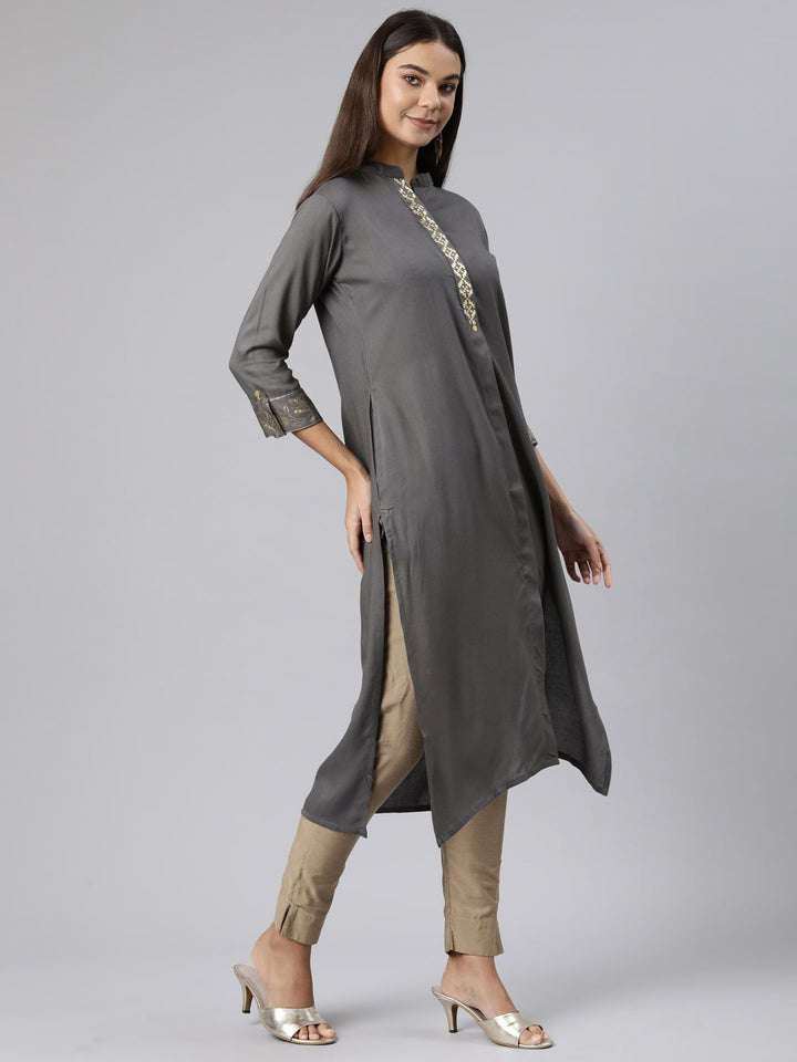Neerus Grey solid straight kurti - back view