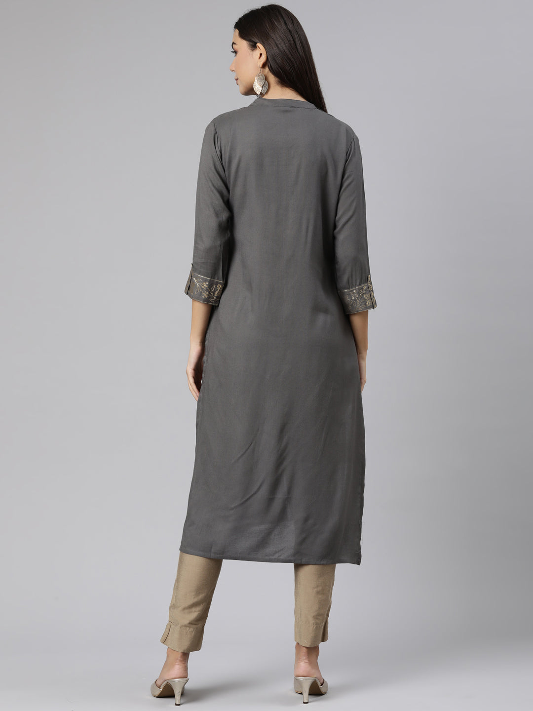 Neerus Grey solid straight kurti - side view