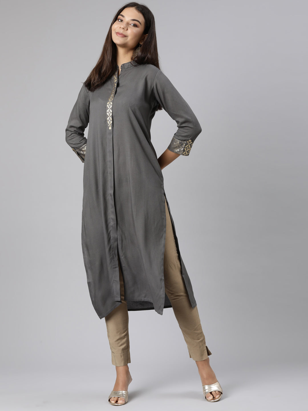 Neerus Grey solid straight kurti - detail view 2