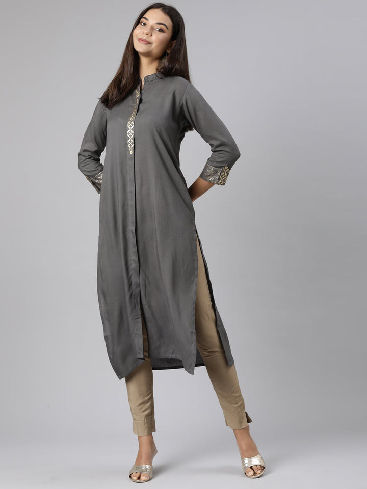 Neerus Grey solid straight kurti - detail view 2
