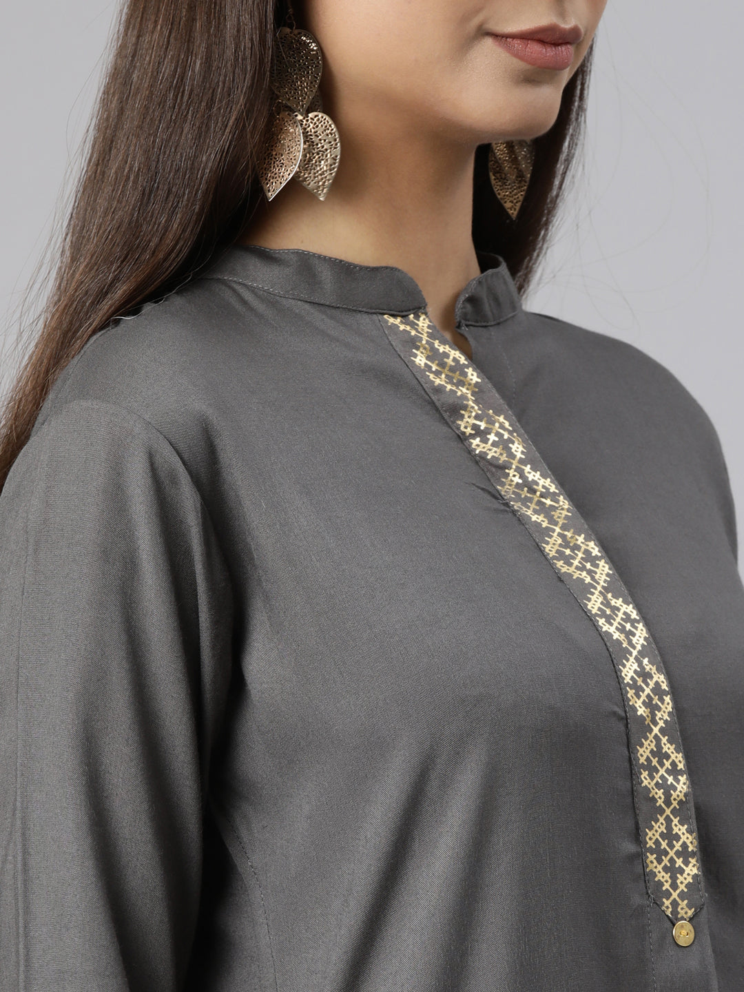 Neerus Grey solid straight kurti - detail view 1