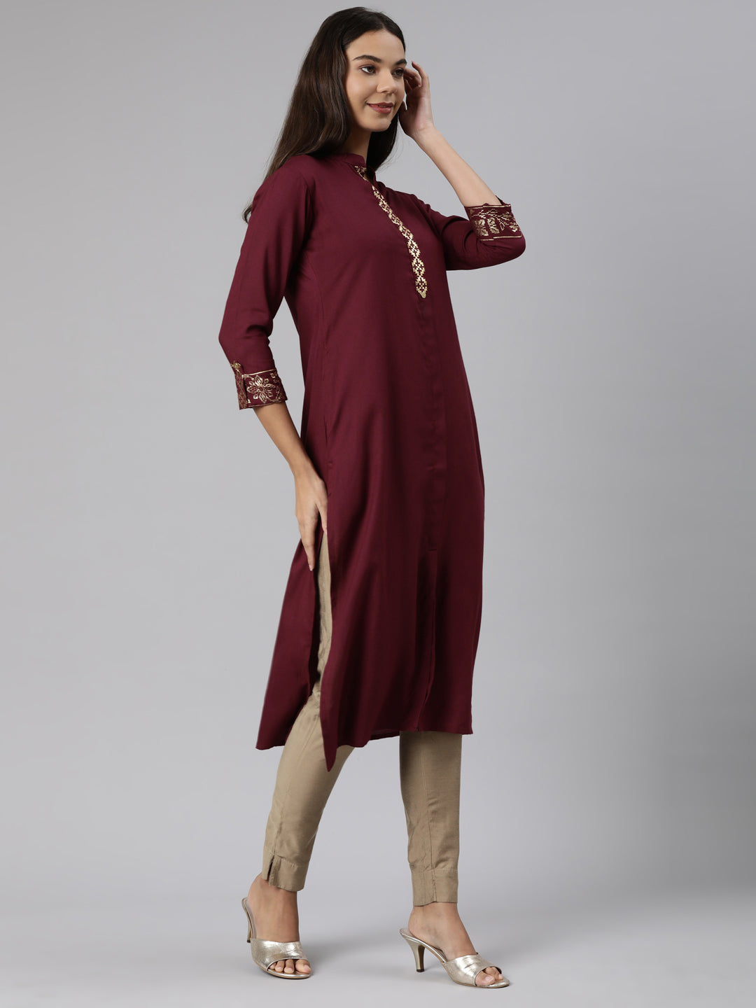 Neerus Maroon solid straight kurti - back view