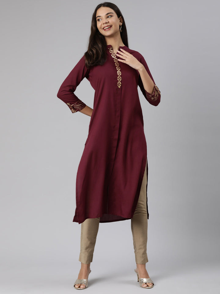 Neerus Maroon solid straight kurti - detail view 2