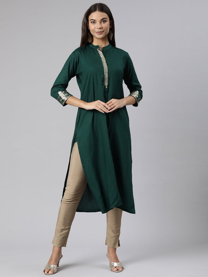 Neerus Green solid straight kurti - front view