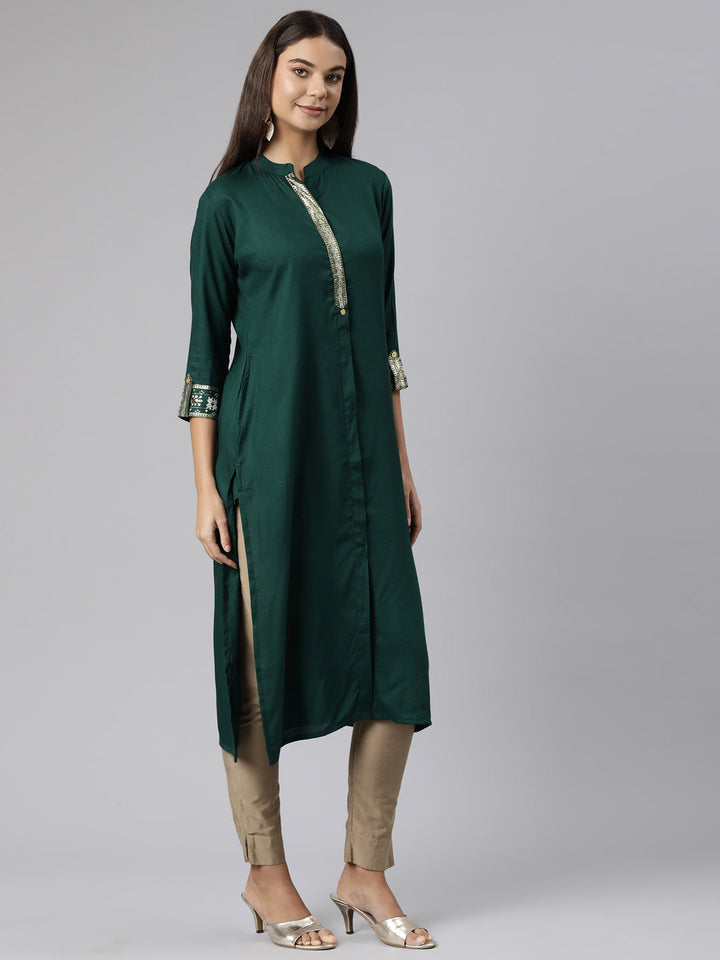 Neerus Green solid straight kurti - back view