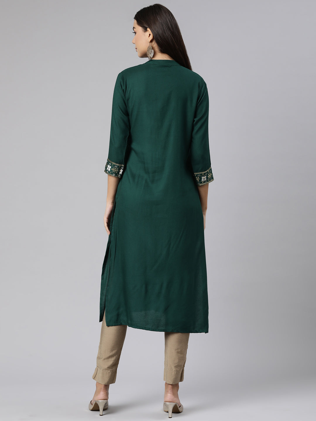 Neerus Green solid straight kurti - side view