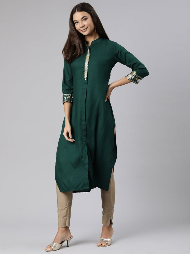 Neerus Green solid straight kurti - detail view 2