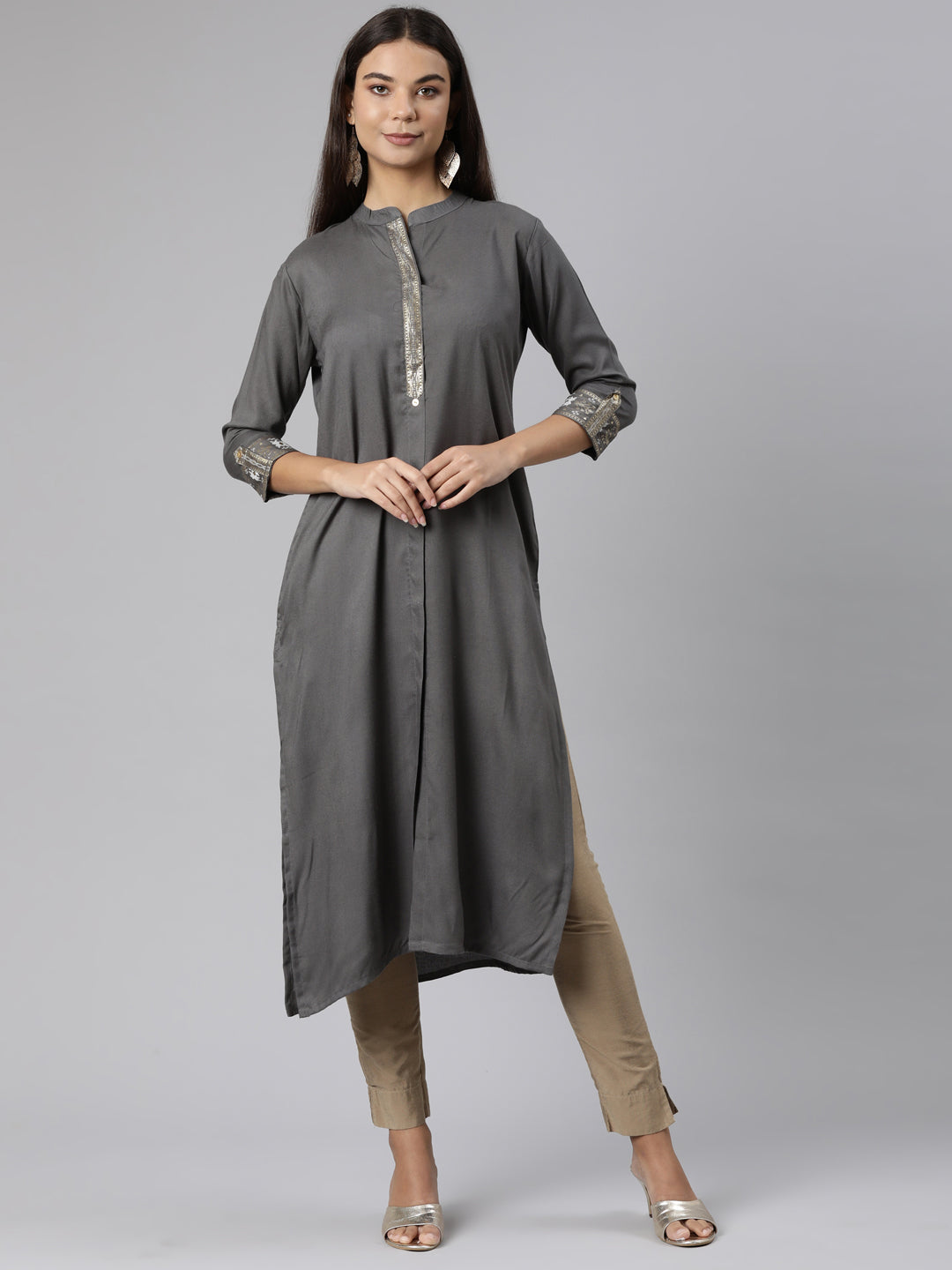 Neerus Grey rayon solid straight kurti - front view