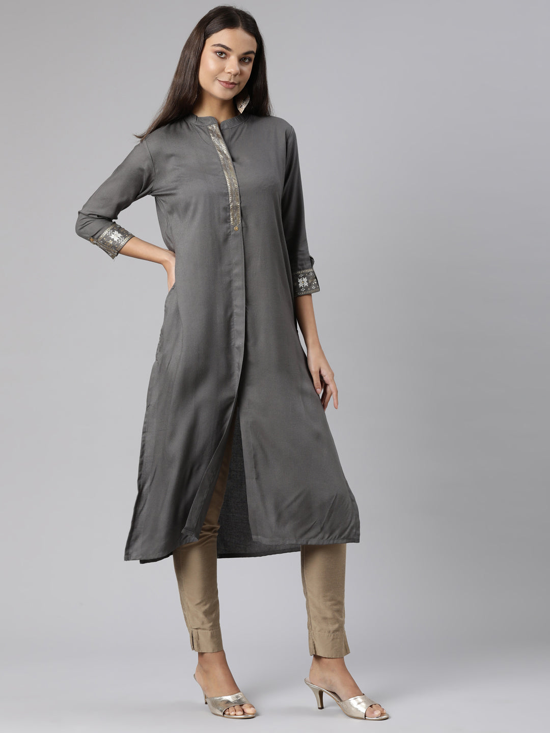 Neerus Grey rayon solid straight kurti - back view