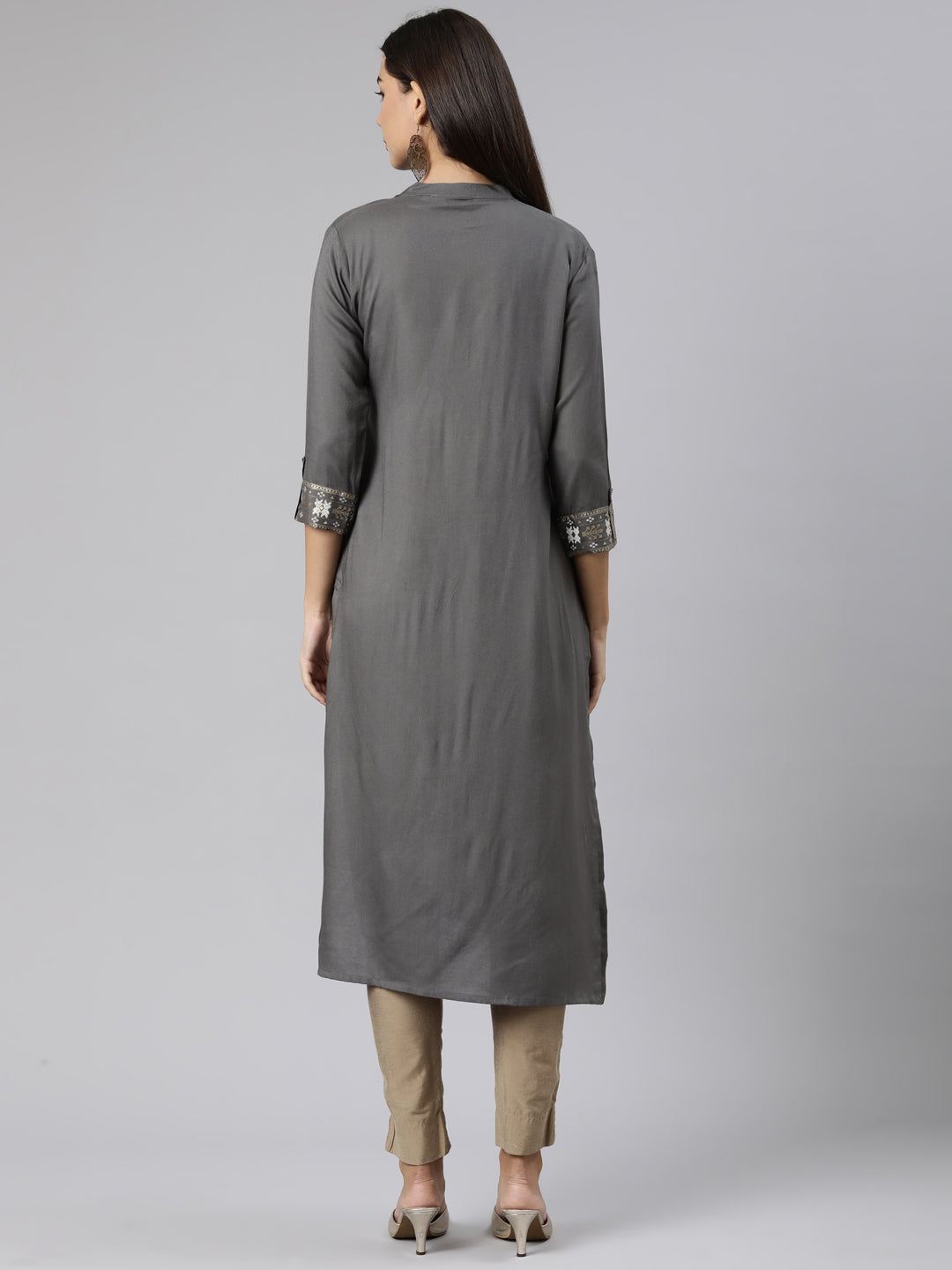 Neerus Grey rayon solid straight kurti - side view
