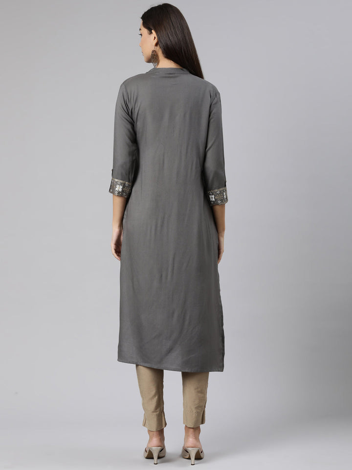 Neerus Grey rayon solid straight kurti - side view