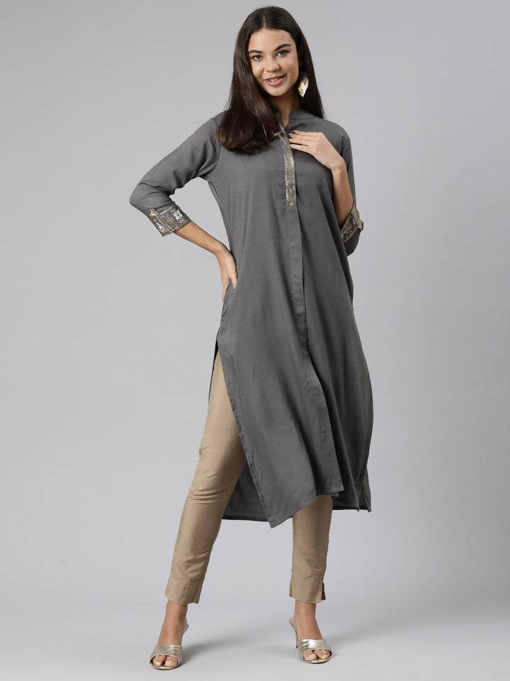 Neerus Grey rayon solid straight kurti - detail view 1