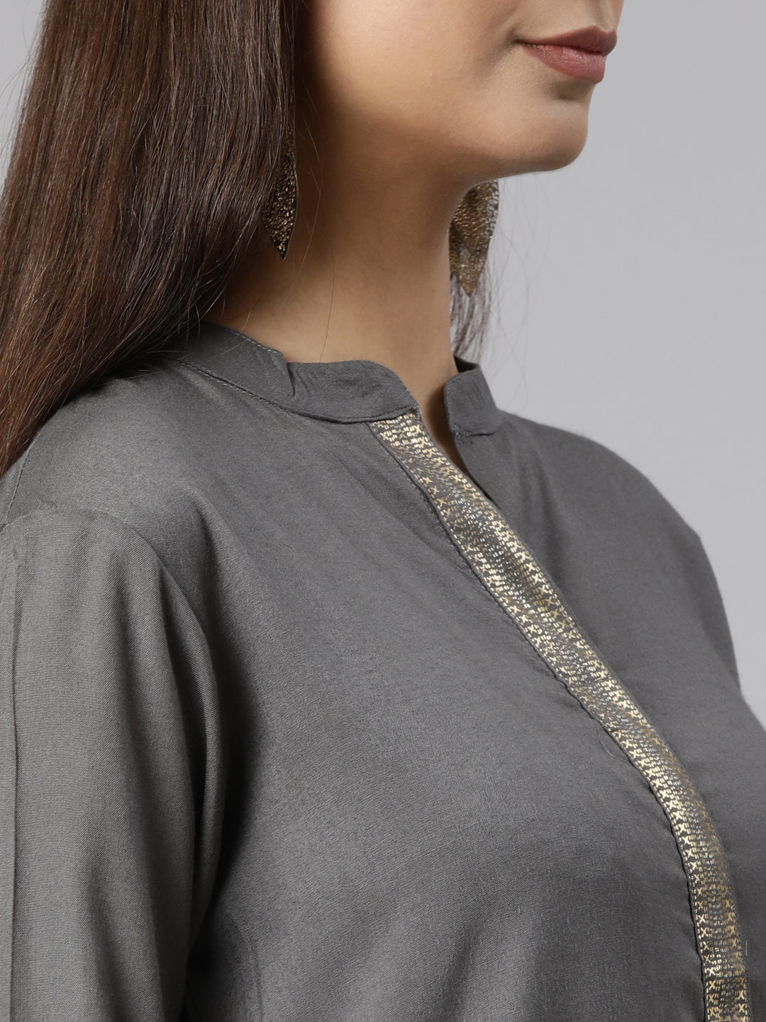 Neerus Grey rayon solid straight kurti - detail view 2
