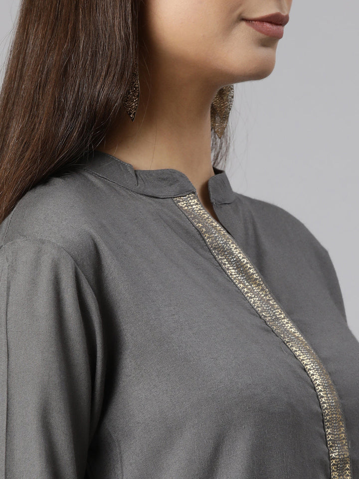 Neerus Grey rayon solid straight kurti - detail view 2