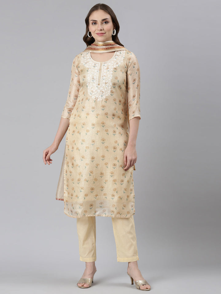 Neerus Beige Regular Straight Printed Kurta and Trousers With Dupatta