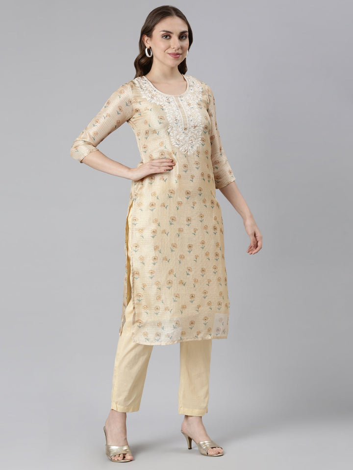 Neerus Beige Regular Straight Printed Kurta and Trousers With Dupatta