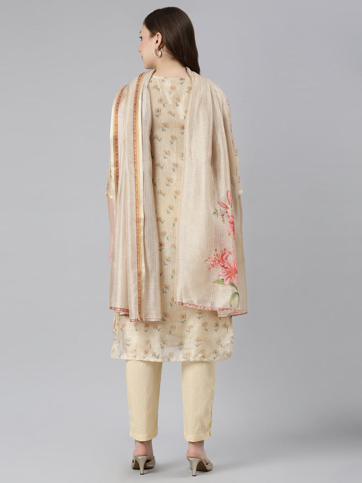 Neerus Beige Regular Straight Printed Kurta and Trousers With Dupatta