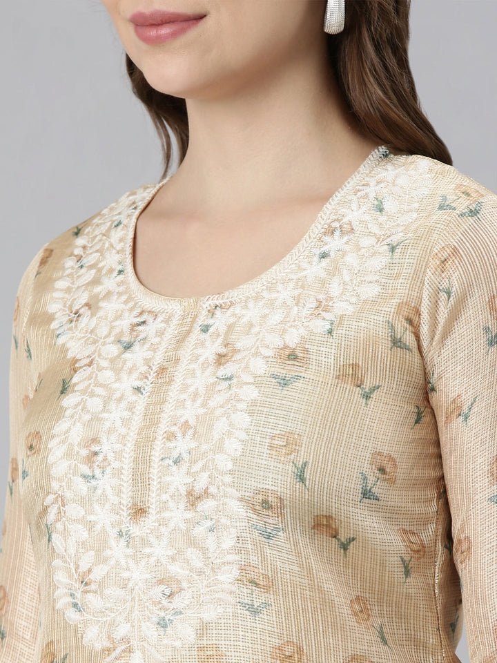 Neerus Beige Regular Straight Printed Kurta and Trousers With Dupatta